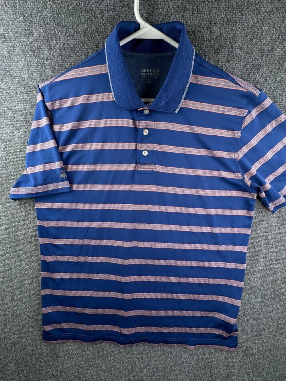 Brooks Brothers Polo Shirt Mens Large Blue Orange Striped Short Sleeve Polyester